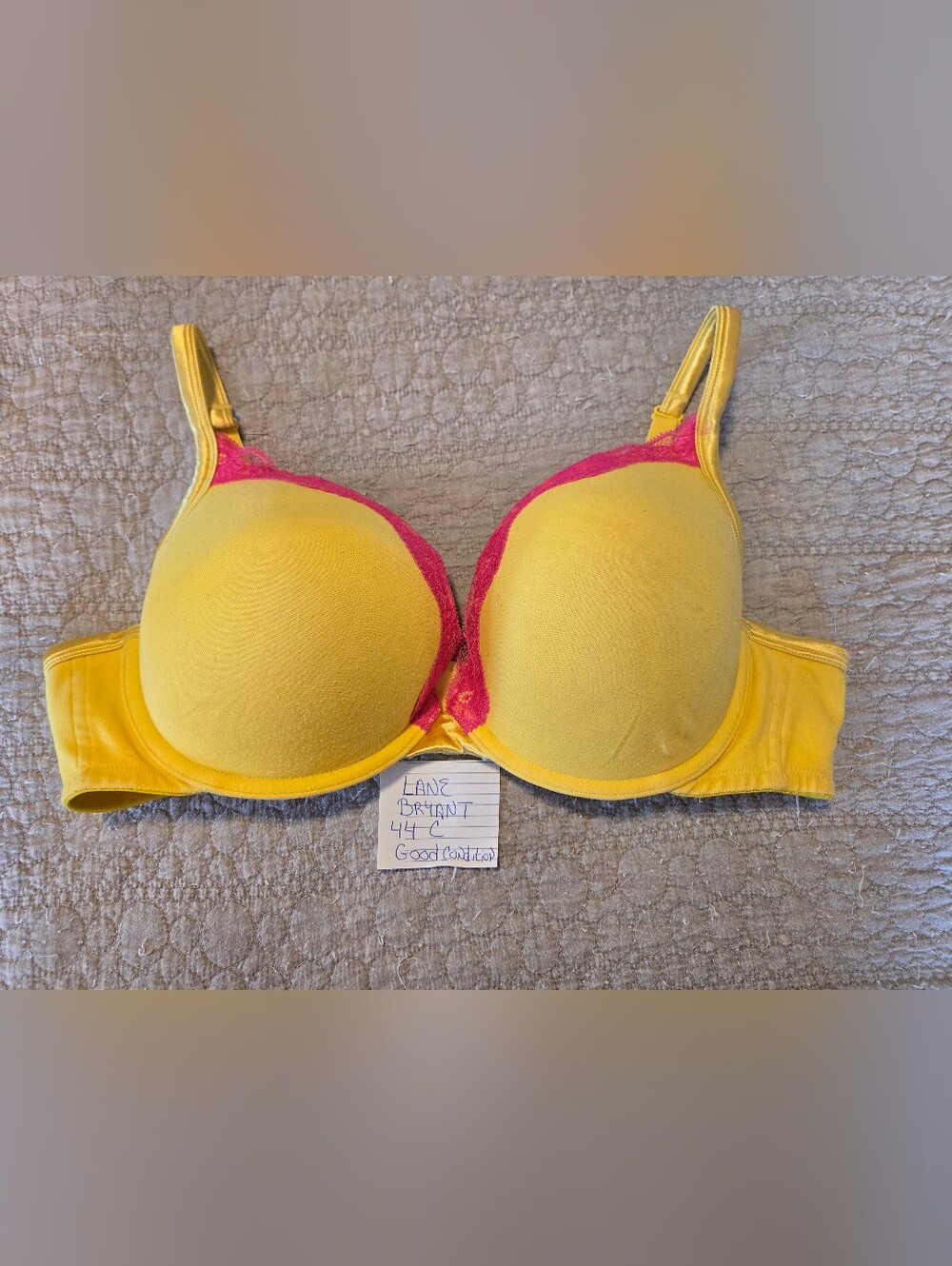 Cacique Yellow T-Shirt Bra with Pink Trim size 44c